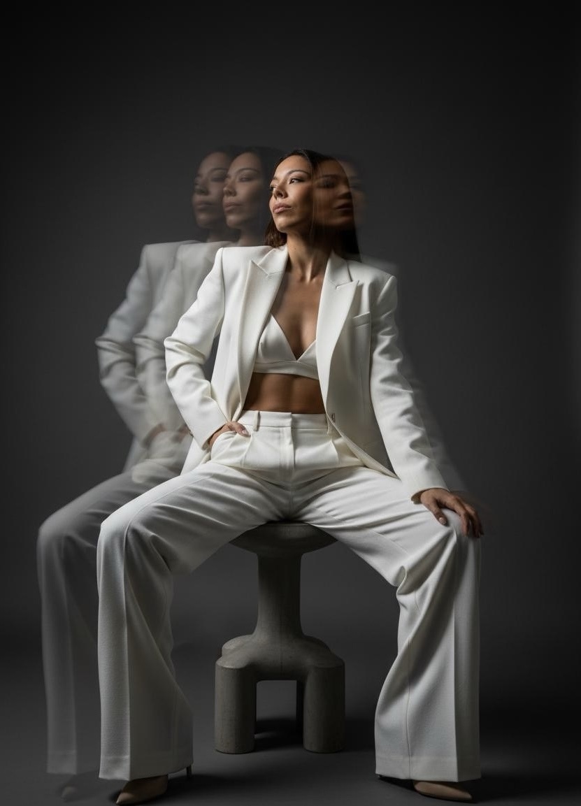 Retrato editorial de Monse en una silla, con varias exposiciones de su figura