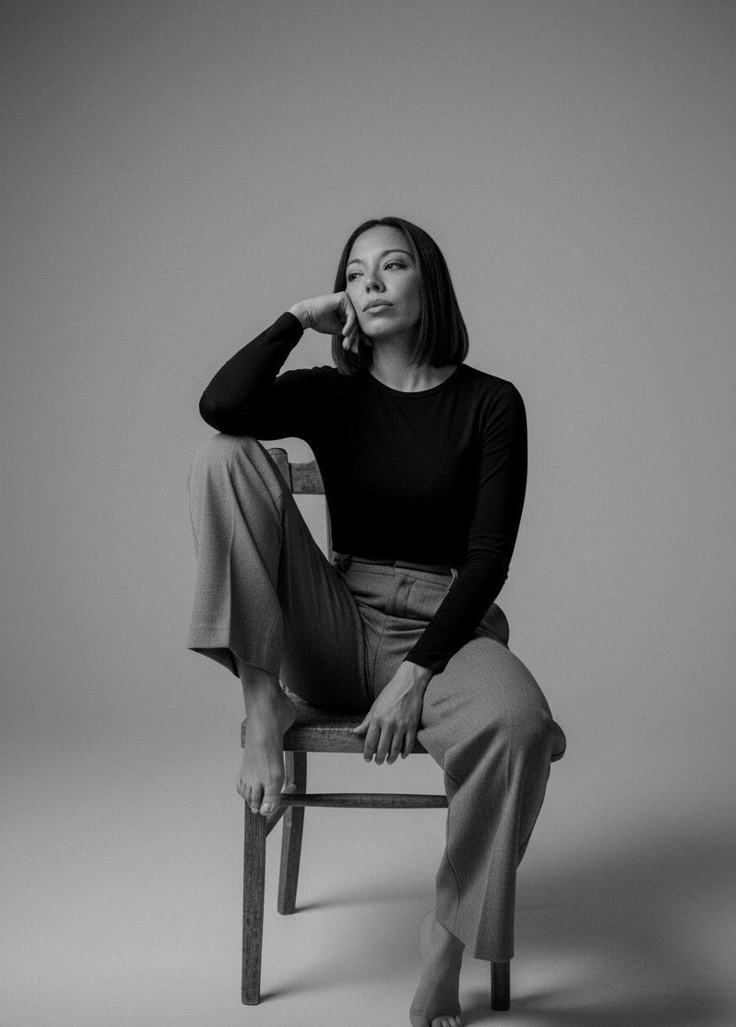 Retrato en blanco y negro de Monse, sentada en una silla